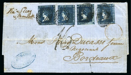 The Finest Known Sherwin Cover - 1859 Entire letter to Bordeaux with FOUR 1859 Sherwin 2d deep blue
