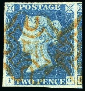 Stamp of Great Britain » 1840 2d Blue (ordered by plate number) 1840 2d Pale Blue pl.1 FG, with good to huge margins showing portion of adjoining stamp at right