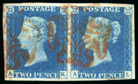 Stamp of Great Britain » 1840 2d Blue (ordered by plate number) 1840 2d Pale Blue pl.1 AK-AL horizontal pair with clear to large margins on all sides