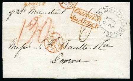 Stamp of Mauritius » Pre-Stamp & Stampless Postal History 1854 (10.6) Stampless entire from Mauritius to Geneva, Switzerland, showing clear black oval ds 'PACKET LETTER MAURITIUS'