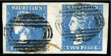PLATE FLAW RETOUCHED BELOW THE "TWO": 1859 Dardenne 2d blue, horizontal pair with one stamp showing retouch