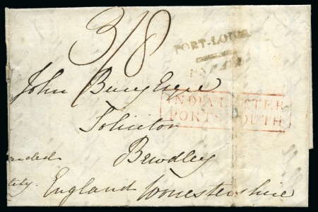 Stamp of Mauritius » Pre-Stamp & Stampless Postal History 1822 (1.6) Folded entire from Port Louis to England, bearing 2-line 'PORT LOUIS/UNPAID' despatch hs on front (Type III)