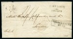 1820 (1.2) Folded part entire from Port Louis to England, bearing superb strike of the 2-line 'PORT LOUIS/UNPAID' despatch hs on front (Type II)