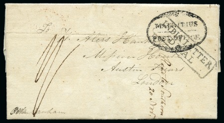 Stamp of Mauritius » Pre-Stamp & Stampless Postal History 1832 (13.2) Folded entire from Madagascar via Port Louis to England, bearing fine strike of the black fancy oval 'MAURITIUS/POST OFFICE' despatch hs