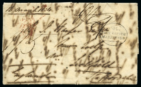 Stamp of Mauritius » Pre-Stamp & Stampless Postal History 1834 (13.3) Folded entire from Mahebourg to England, bearing fine strike of the small neat black oval 'COL/POST OFFICE/MAURITIUS' despatch hs