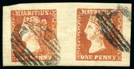 1859 Dardenne 1d deep red vermilion, used horizontal pair with oval bars cancel