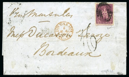 1858-62 Britannia: (9d) dull magenta, imperf., neatly tied by black oval bars on 1860 folded entire to to Bordeaux
