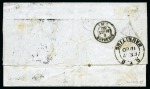 1858-62 Britannia: (9d) dull magenta, imperf., neatly tied by black oval bars on 1860 folded entire to to Bordeaux