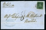 1858-62 Britannia: (4d) green, imperf., neatly tied by black oval bars on 1859 folded entire to Nantes