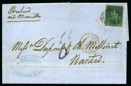Stamp of Mauritius » Later Issues 1858-62 Britannia: (4d) green, imperf., neatly tied by black oval bars on 1859 folded entire to Nantes