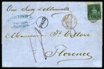 1858-62 Britannia: (4d) green, imperf., neatly tied by black oval bars on 1859 folded entire from Port Louis to Italy