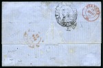 1858-62 Britannia: (4d) green, imperf., neatly tied by black oval bars on 1859 folded entire from Port Louis to Italy