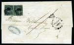 Stamp of Mauritius » 1858-62 Britannia Issues (SG 26-35) 1858 Britannia Surcharged Issue: 4d green, two imperf. singles, tied indistinct black circular target cancels on 1858 folded letter sheet from Port Louis to Cape of Good Hope