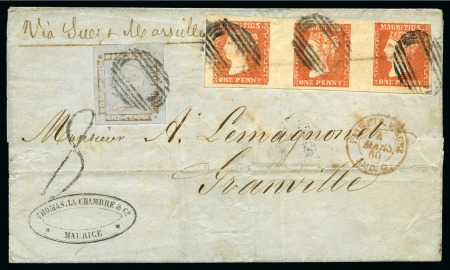 UNIQUE COMBINATION COVER: 1859 Dardenne 1d red, HORIZONTAL STRIP OF THREE in combination with Post Paid 1d worn impression
