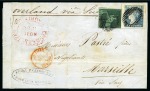 COMBINATION COVER: 1859 Dardenne 2d slate-blue in combination with Britannia 1858-62 (4d) green on 1860 folded letter sheet from Port Louis