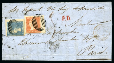 BOTH DARDENNE VALUES ON COVER: 1d dull vermilion and 2d pale blue on 1862 folded entire from Port Louis