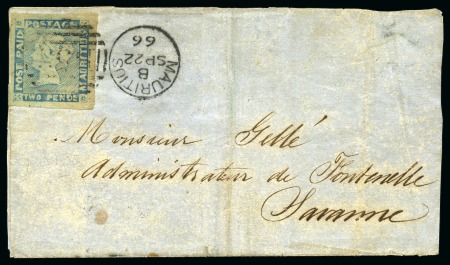 Stamp of Mauritius » 1848-59 Post Paid Issue » Worn Impressions (SG 16-22) B53 "PENOE" COVER: 1848-59 Post Paid 2d blue, worn impression, with "PENOE" for "PENCE" tied by "B53" barred oval on part cover