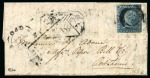 1848-59 Post Paid 2d blue, intermediate impression, position 1, tied by circular "3" in bars on 1854 small neat folded entire