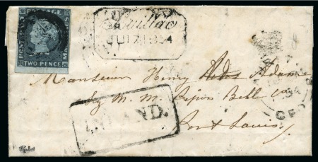 Stamp of Mauritius » 1848-59 Post Paid Issue » Early Impressions (SG 6-9) 1848-59 Post Paid 2d blue, early impression, position 4, tied by circular "3" in bars and boxed 'SOUILLAC/JU.27.1854' ds alongside, on 1854 small neat folded entire 