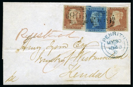 1848 (May 30) Wrapper sent registered from Penrith to Kendal (Cumbria) with two 1841 1d pale red brown and a 1841 2d blue 