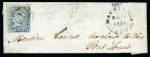 1848-59 Post Paid 2d blue, worn impression, position 10, neatly tied to folded entire from Mahebourg