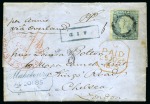 1848-59 Post Paid 2d blue, intermediate impression, position 5, tied by circular "1" in concentric circles on 1855 folded entire
