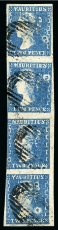 THE LARGEST RECORDED MULTIPLE OF THE 1859 DARDENNE ISSUE: 2d blue, VERTICAL STRIP OF FOUR, used