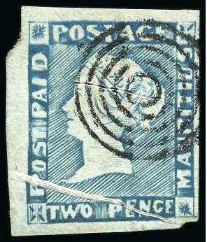 Stamp of Mauritius » 1848-59 Post Paid Issue » Worn Impressions (SG 16-22) 1848-59 Post Paid 2d blue, worn impression, position 10, used, bottom left corner sheet marginal with pre-printing paper folds