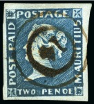 1848-59 Post Paid 2d blue, early impression, position 7 showing the "PENOE" for "PENCE" variety