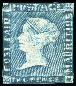 Stamp of Mauritius » 1848-59 Post Paid Issue » Intermediate Impressions (SG 10-15) ONLY KNOWN DOUBLE PRINT:  2d blue, position 6, showing the extremely rare DOUBLE PRINT error, used