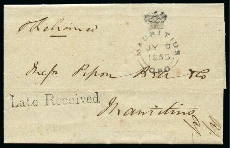 Stamp of Mauritius » Pre-Stamp & Stampless Postal History 1855 (11.5) "Pipon Bell" entire letter from Melbourne, Australia to Mauritius. showing very fine unframed "Late Received"