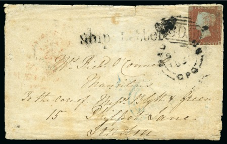 Stamp of Mauritius » Pre-Stamp & Stampless Postal History 1851 (17.9) Small envelope from London and Torquay, England to Mauritius, franked GB 1851 1d red tied by 'B03' P&O Mail Boat barred oval 