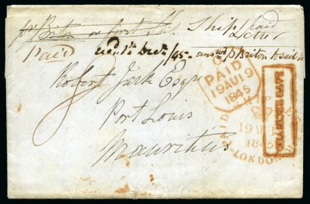 Stamp of Mauritius » Pre-Stamp & Stampless Postal History 1845 (1.12) Entire incoming from England via "Per Briton or first Stmr. Ship/Paid Letter" to Port Louis, showing boxed 'LATE RECEIVED' ds in red