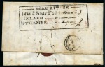 1843 (25.1) Entire from Port Louis to France, bearing large black 'MAURITIUS/INWD-SHIP-POSTAGE-PD/INLAND/STEAMER' ds on reverse