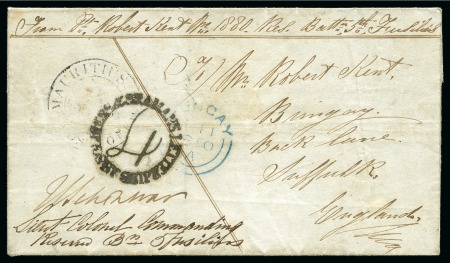 Stamp of Mauritius » Pre-Stamp & Stampless Postal History 1850 (8.3) Soldiers rate cover from Port Louis to England, bearing black 'MAURITIUS/POST OFFICE' cds alongside scarce 'SOLDIERS & SEAMENS LETTER/4/BY SHIP'