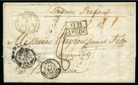 Stamp of Mauritius » Pre-Stamp & Stampless Postal History 1857 (21.5) Folded entire from Port Louis via 'Steamer Ireland' to Bordeaux, France, with 'CAPE PACKET/PAID/A/AU.13.57/BRISTOL' cds