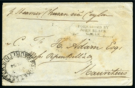 Stamp of Mauritius » Pre-Stamp & Stampless Postal History 1854 (7.5) Incoming stampless envelope from Ceylon, with forwarding agents cachet 'FORWARDED/JOHN BLACK/GALLE'