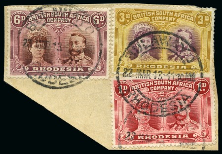  1910-13 Double Heads 6d perf.15 purple-brown and mauve with "Tiara Flaw" variety, used on piece