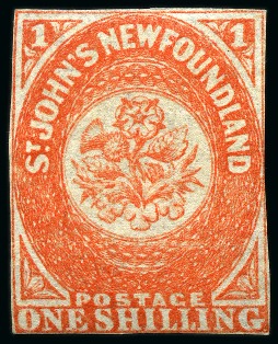 1860 1s Orange-Vermilion unused without gum, one of Newfoundland's great rarities