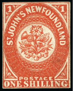 1857-64 1s Scarlet-Vermilion unused without gum, close to fine margins, very fine and fresh example of this great rarity