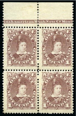 1880-82 1c Red-Brown mint top marginal imprint block of four with partial British American BankNote Co. imprint