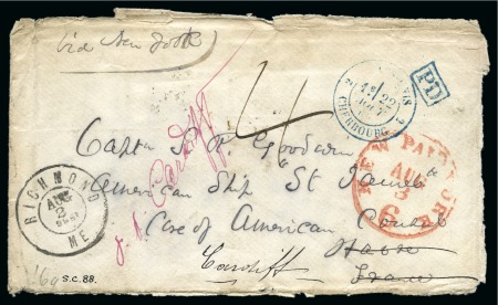 1869 (Aug 2) S.S. Germania wreck cover envelope from Richmond, Maine, to Le Havre and redirected to Cardiff