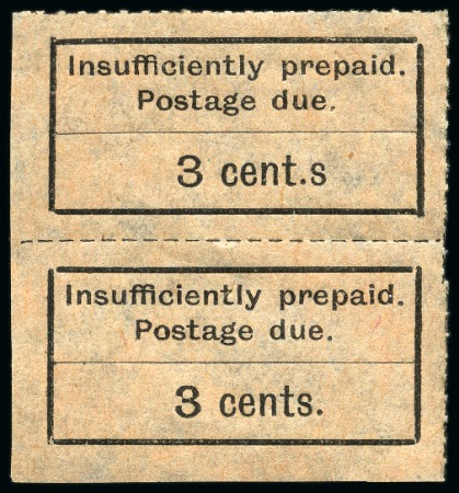 Postage Dues: 1926-30 3c black on orange unused vert. pair with top stamp showing variety "cent.s"