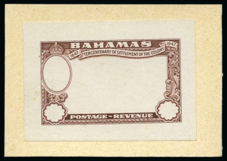 1948 Eleuthera die proof of the frame without King's head, in brown on wove paper affixed to card