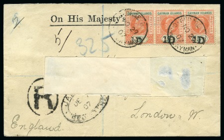 1907 (Nov 29) OHMS cover sent registered to the UK bearing a strip of three of the 1907 1d on 5s provisional tied by George Town NO 29 cds