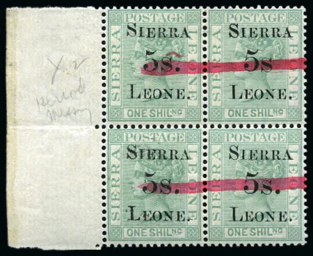 1884 SIERRA 5s. LEONE surcharge on 1s green with horizontal red brush stroke from the remainder stock in mint large part og left marginal block of 4
