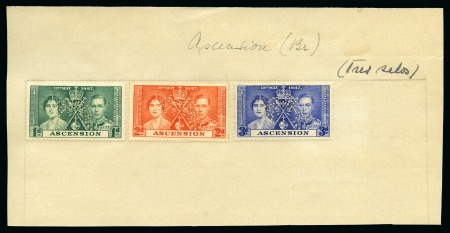 1937 Coronation set of 3 with SPECIMEN perfin (type D20) affixed to ledger piece