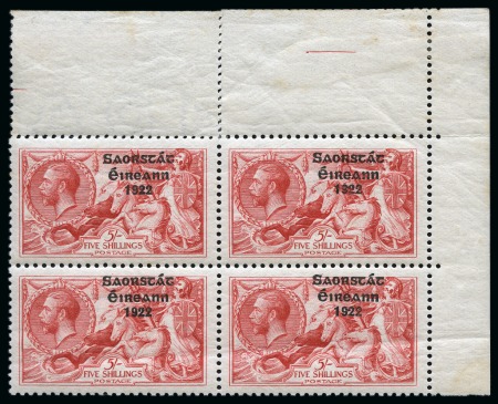 1925-28 5s Rose-Carmine narrow date ovpt in mint upper right corner block of showing significant misplacement of overprint