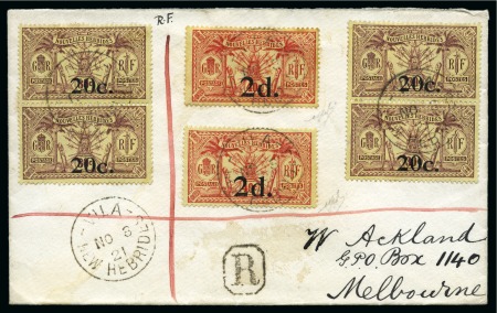 1921 (Nov 3) "Ackland" cover from Vila to Melbourne franked by two 1920-21 2d on 40c red on yellow WMK RF