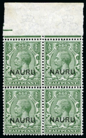 1916-23 1/2d Yellow-Green mint nh upper marginal block of four showing varieties and overprint double, one albino